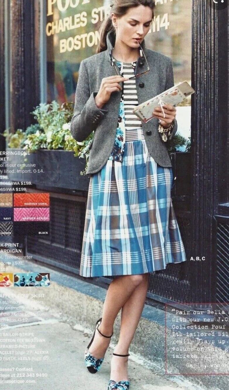 J. Crew Collection blue plaid pleat silk taffata skirt Fleur De Lis accents 10